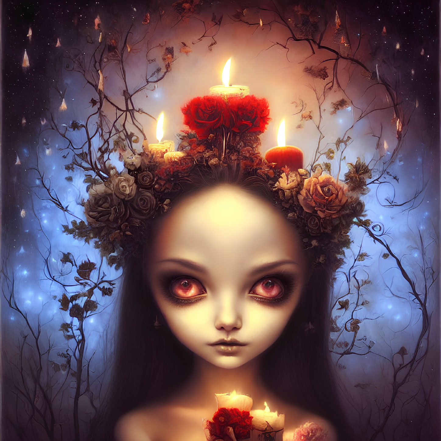 Digital Artwork: Girl with Red Eyes, Flower Crown, and Candle Against Starry Night