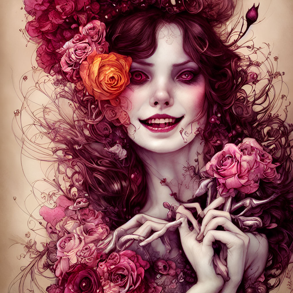 Illustration of a smiling woman with roses in her hair exuding a fantasy vibe