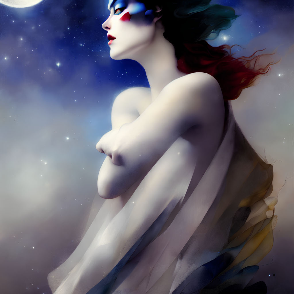 Mystical woman with red hair and blue face paint under moonlit sky