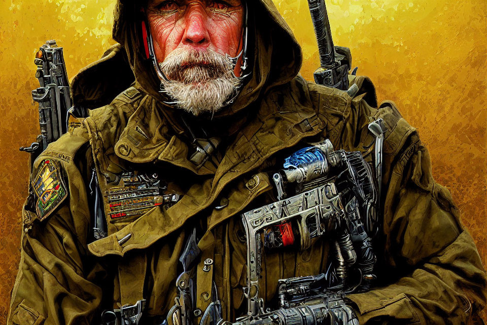 Bearded soldier in tactical gear on golden textured backdrop