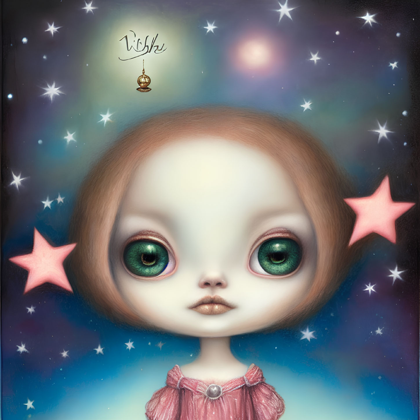 Surreal wide-eyed doll character with green eyes, stars, and "Wish" bauble