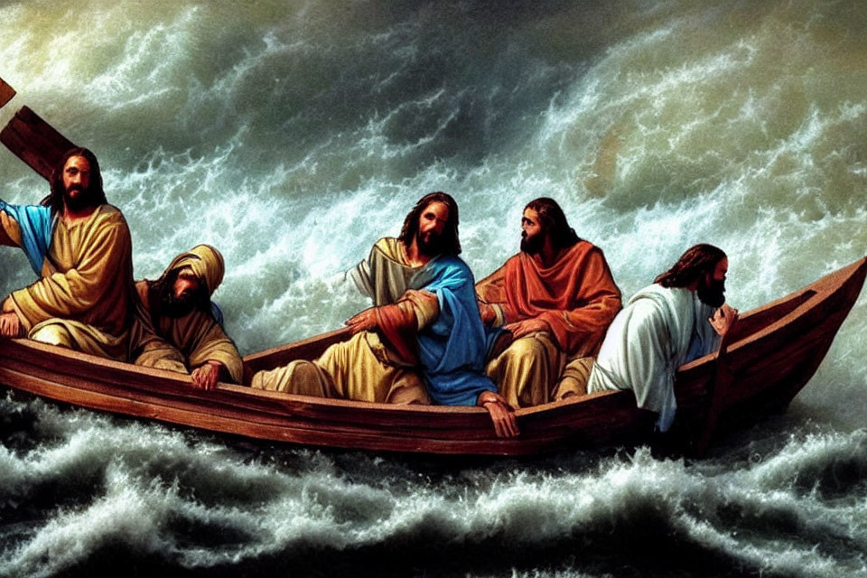 Artwork: Four robed figures in a wooden boat on stormy seas