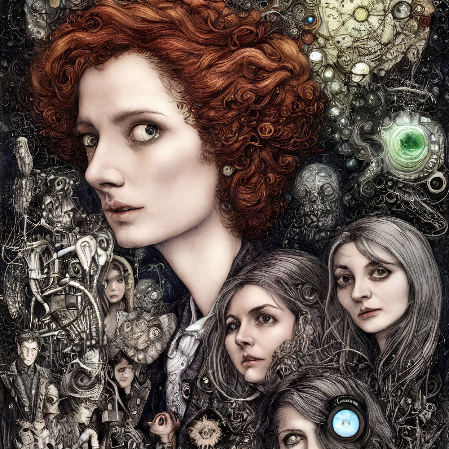 Detailed Illustration: Red-Haired Woman with Steampunk and Organic Elements