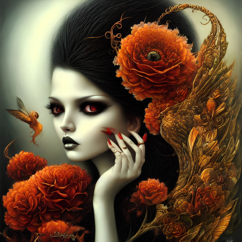 Gothic-style digital art: pale woman with dark hair, orange flowers, red eye makeup,