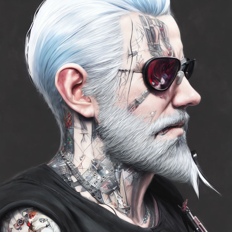 Illustrated male figure with pale blue hair, cybernetic enhancements, tattoos, beard, and sunglasses