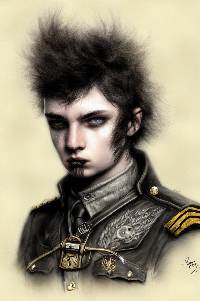 Male figure with punk hairstyle, blue eyes, military jacket