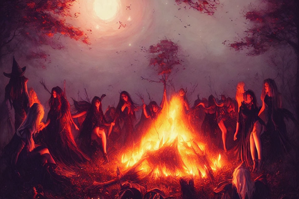 Group in Witch-Like Attire Around Bonfire Under Moonlit Sky