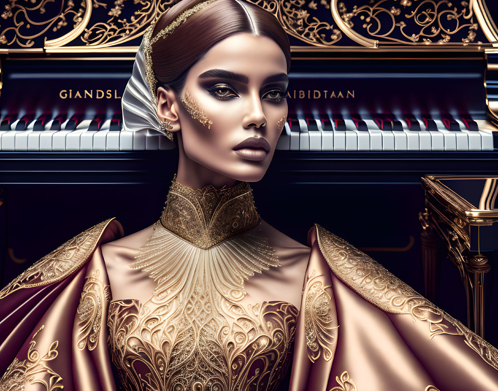 Woman in Gold Gown with Elaborate Makeup at Piano