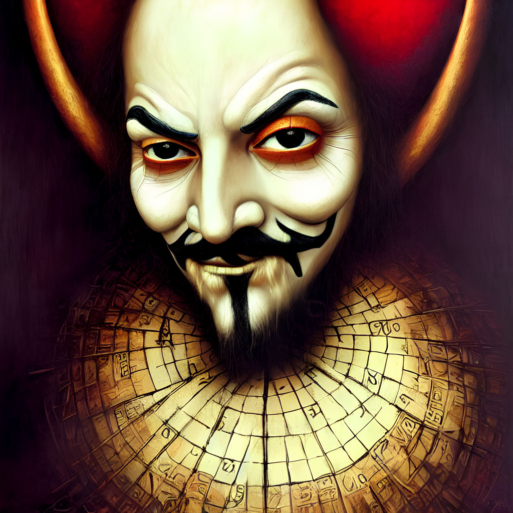 Sinister character with pale face and devilish horns portrait