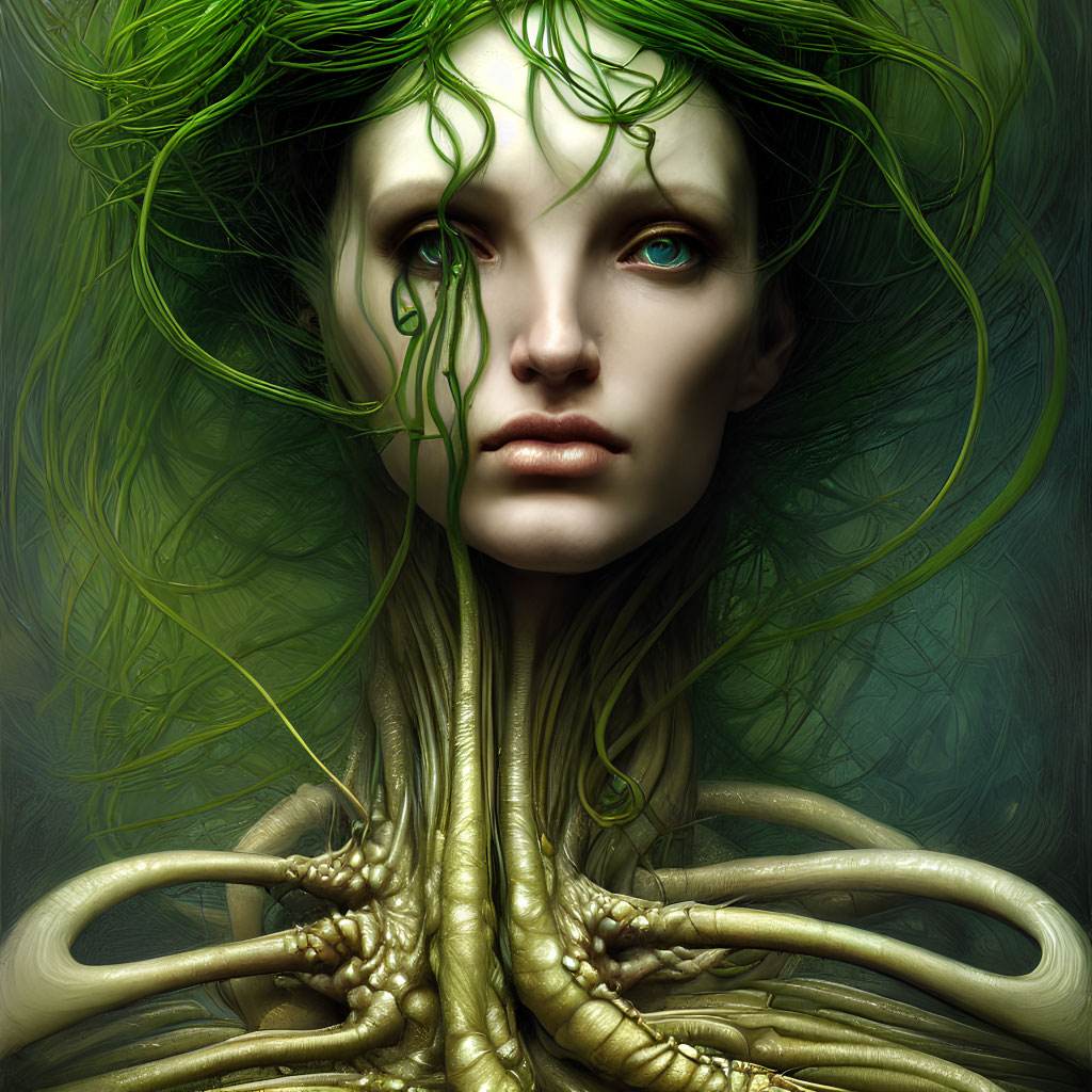 Digital Artwork: Woman with Green Vine Hair and Roots on Green Background