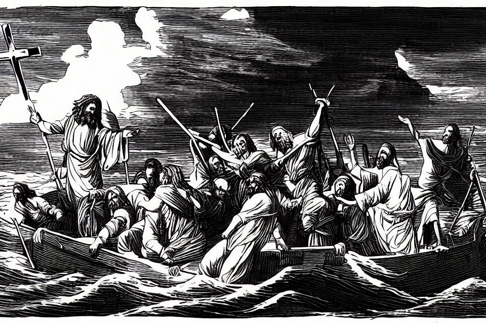 Monochrome biblical illustration: Jesus calms storm, disciples panic