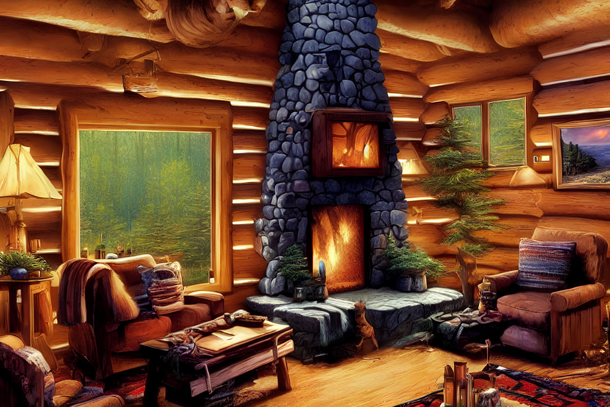 Rustic log cabin interior with fireplace, cozy furnishings, warm lighting, forest view