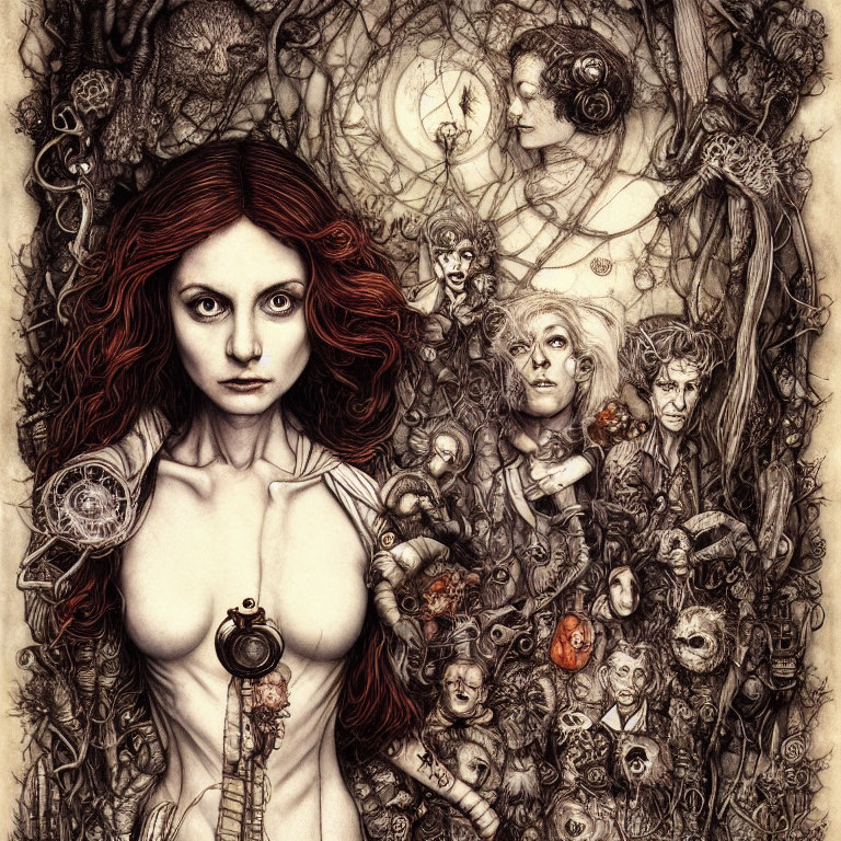 Monochromatic Illustration of Red-Haired Woman with Fantastical Creatures