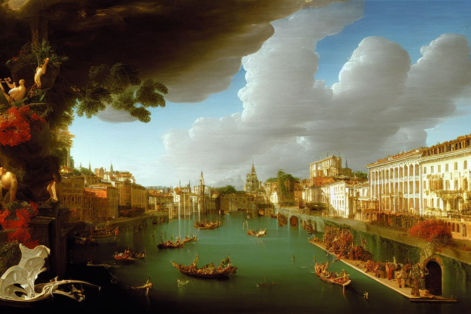 Classical painting of a bustling canal with grand buildings, vibrant vegetation