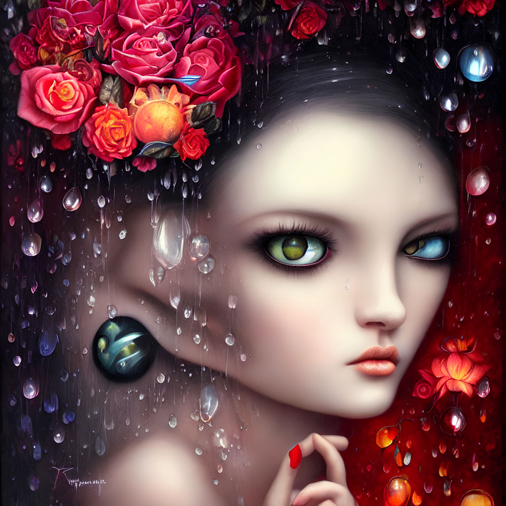 Digital artwork: Woman's face with vibrant flowers, raindrops, surreal atmosphere