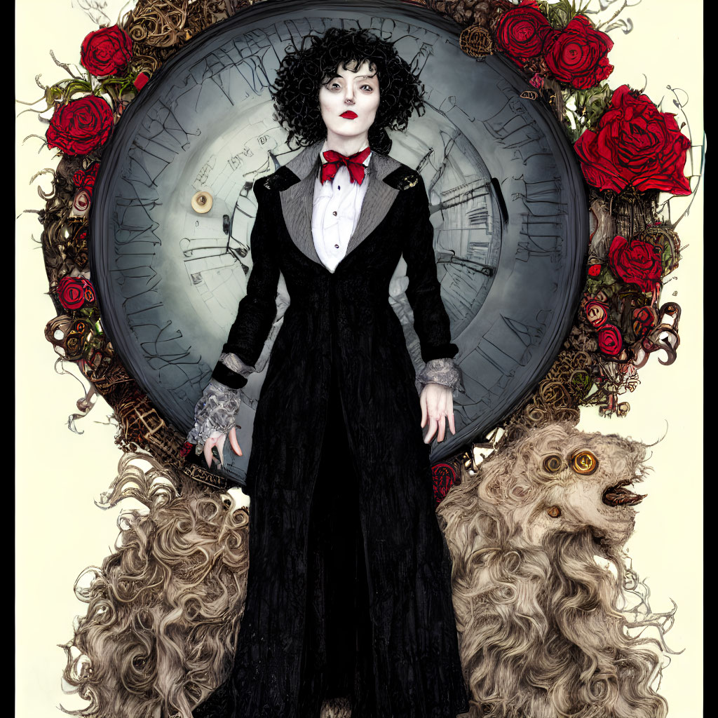 Illustrated character in black suit with curly hair, red roses, white dog, and clock.