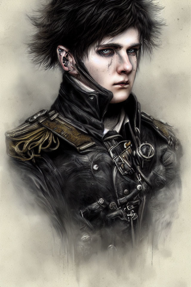 Gothic-style portrait: person with dark eye makeup, black hair, detailed leather jacket