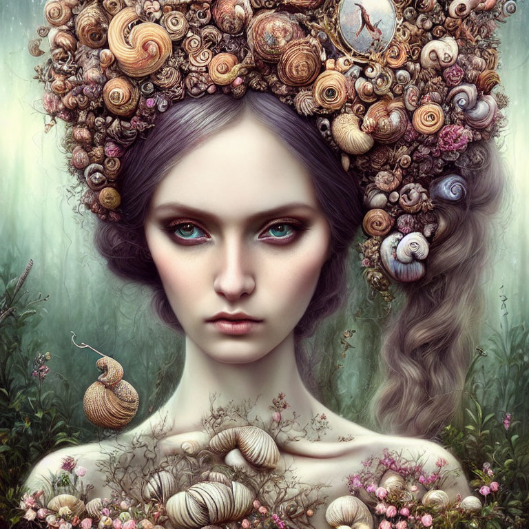 Fantastical portrait of a woman with violet eyes and colorful snails and flora on lush green background