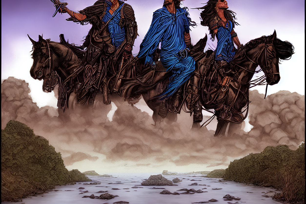 Three animated characters riding horses through a shallow river under a purple sky.