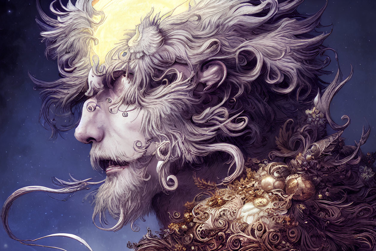 Illustration of fantastical character with lion-like face and golden neckpiece under moonlit sky