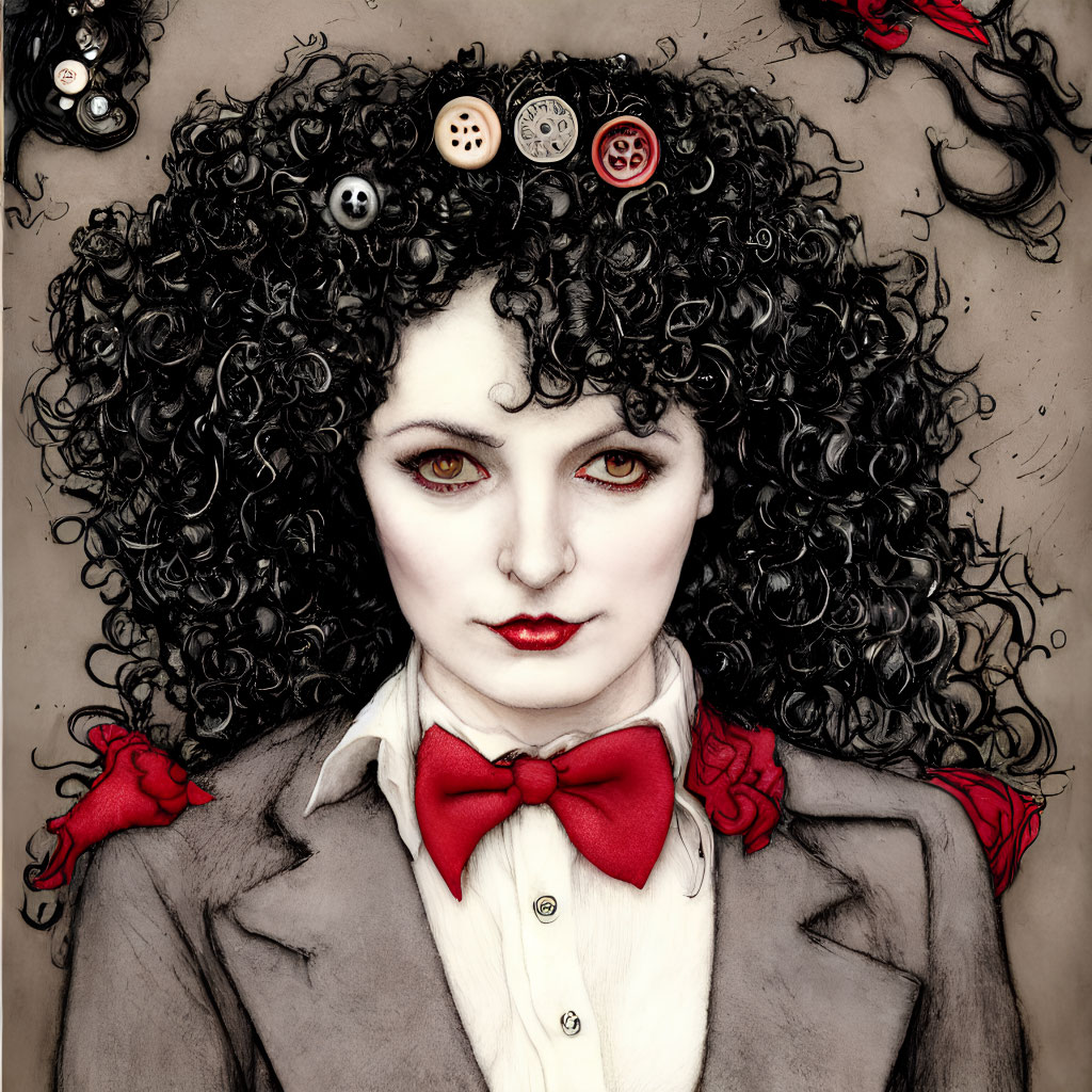 Illustrated portrait of pale woman with curly black hair, intense eyes, bow tie, and gadgets in