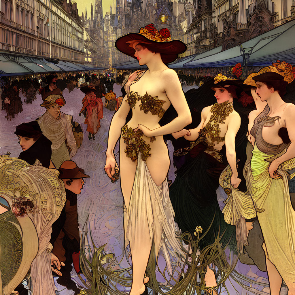 Art Nouveau Style Illustration of Elegant Women in Flowing Dresses on City Street