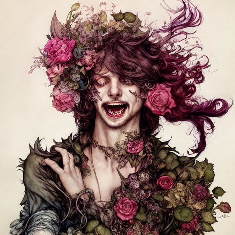 Illustration of person with wide grin and vibrant floral adornments