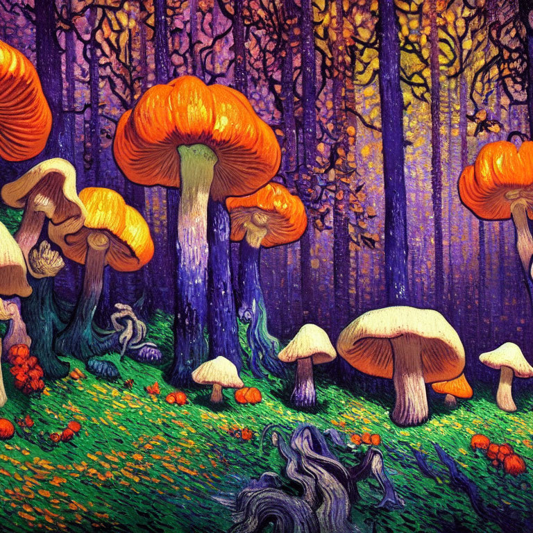 Colorful Fantasy Forest Painting with Oversized Mushrooms