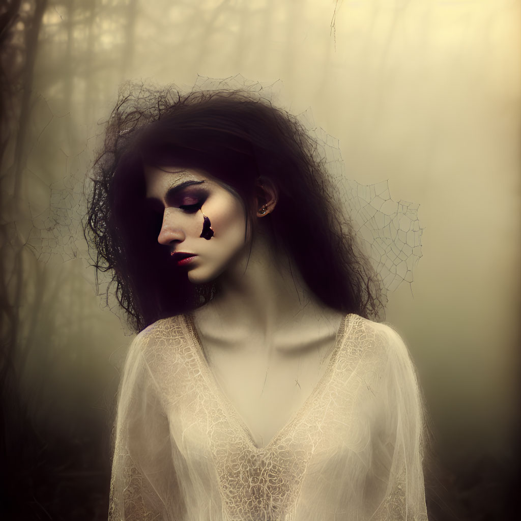 Dark Makeup Woman with Spade Symbol in Misty Setting