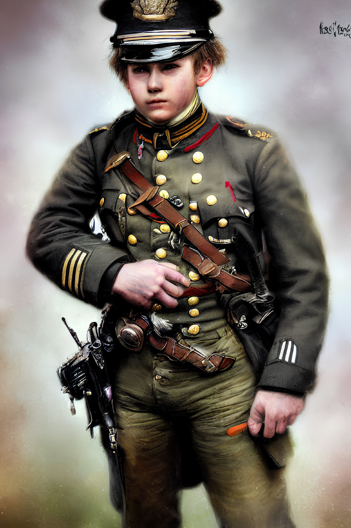 Young boy in ornate military uniform with sword and revolver, looking introspective