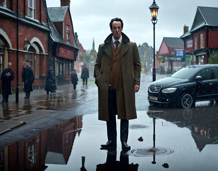 Man in trench coat stands in rain on wet street with vintage buildings & street lamp.