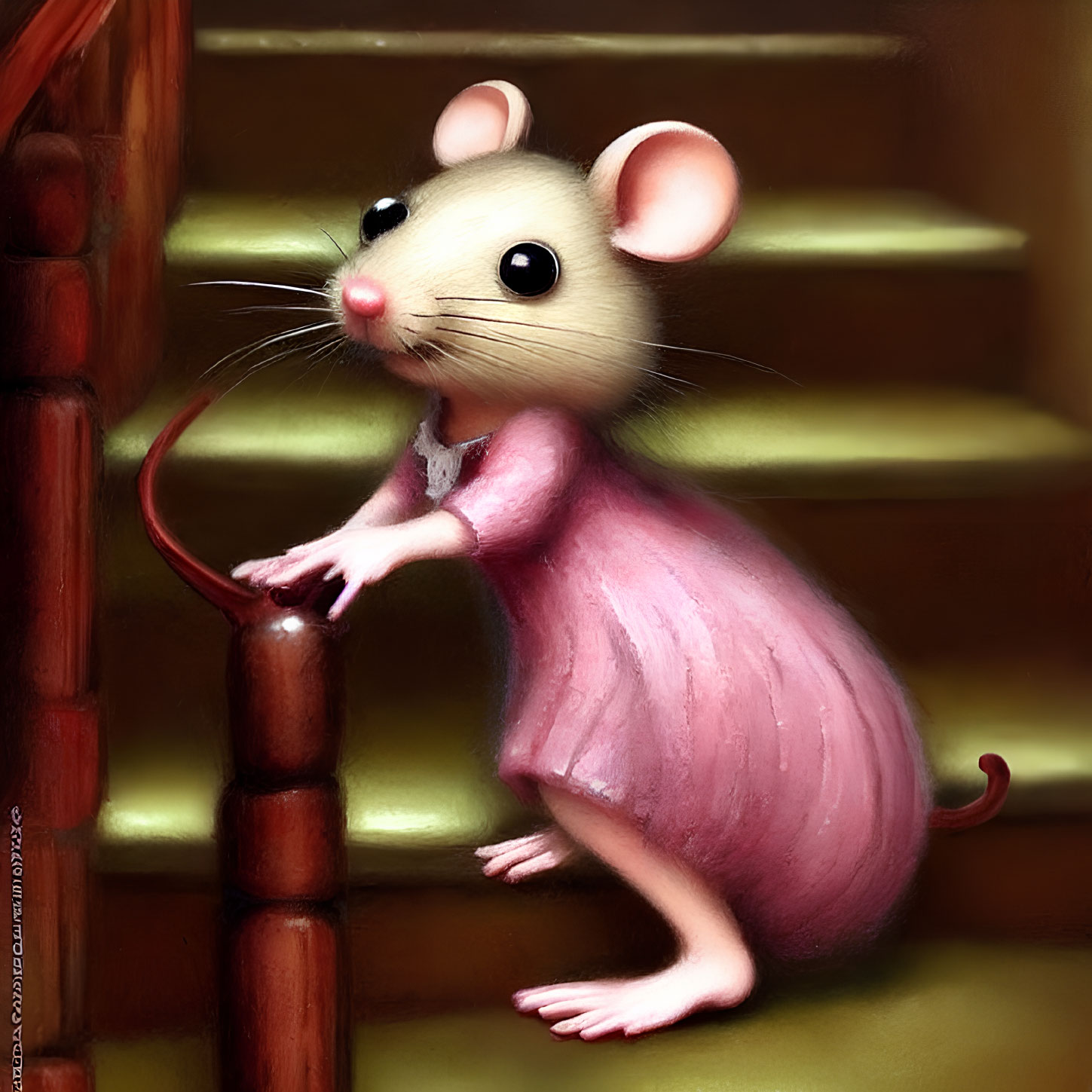 Anthropomorphic mouse in pink dress on stairs with curious expression