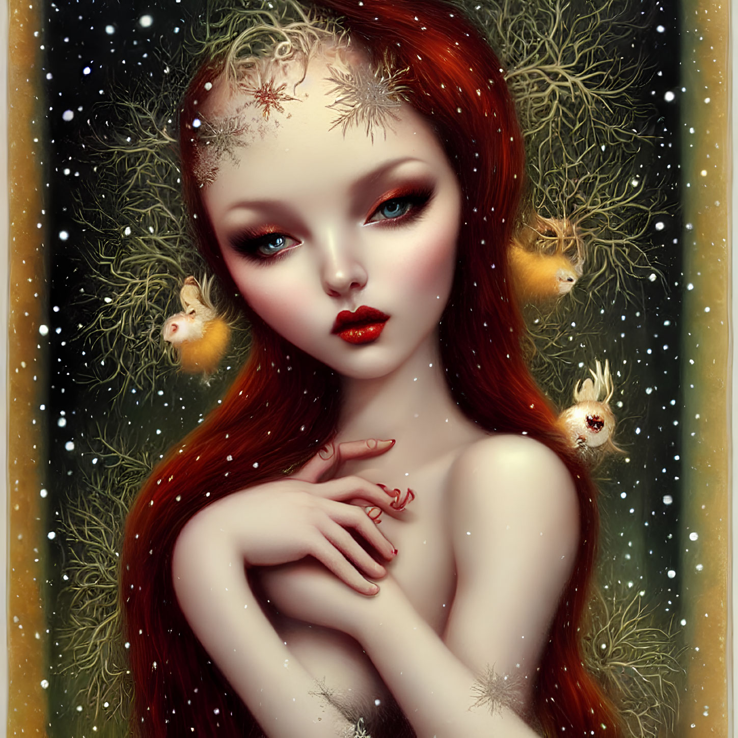 Red-haired fantasy figure with snowflake adornments and golden birds in snowy scene