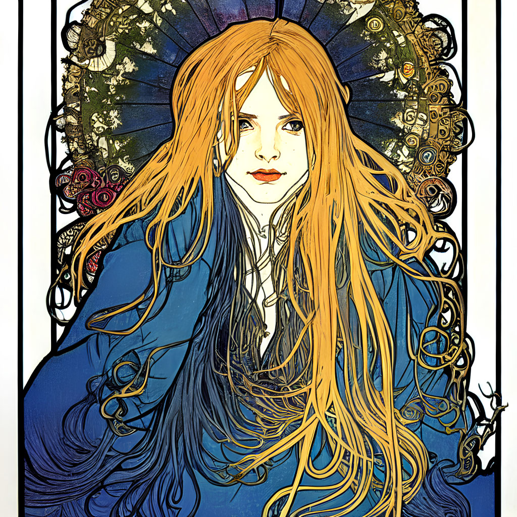 Art Nouveau Woman with Golden Hair and Blue Robe in Intricate Floral Setting