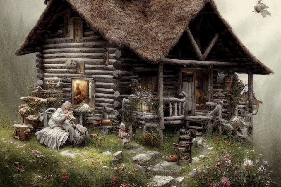 Woman in period attire spinning wool by rustic log cabin surrounded by lush flora and animals