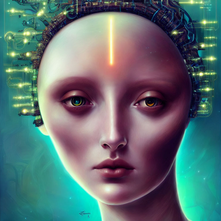 Female face with cybernetic headpiece and ethereal lights in blue-green palette