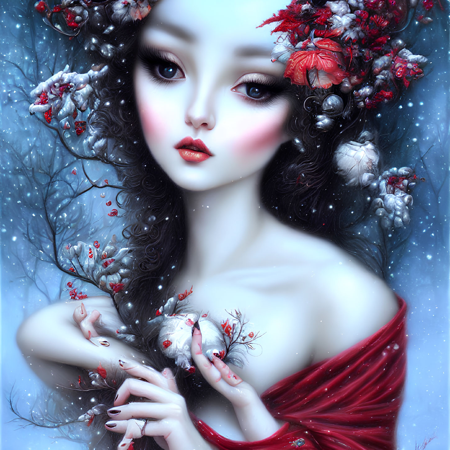 Illustrated portrait of pale-skinned woman with expressive eyes, surrounded by winter motifs and red flowers.