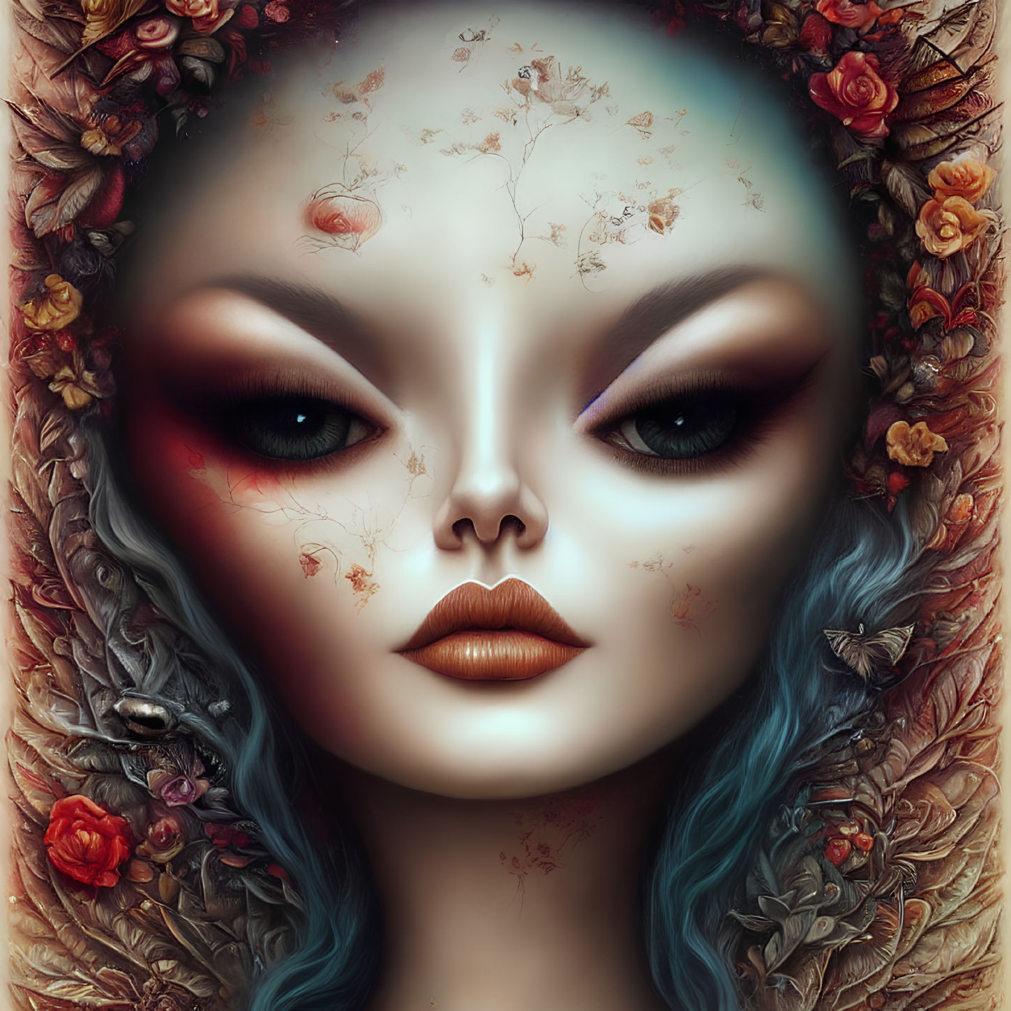 Detailed Illustration of Female Face with Exaggerated Eyes and Floral Surroundings