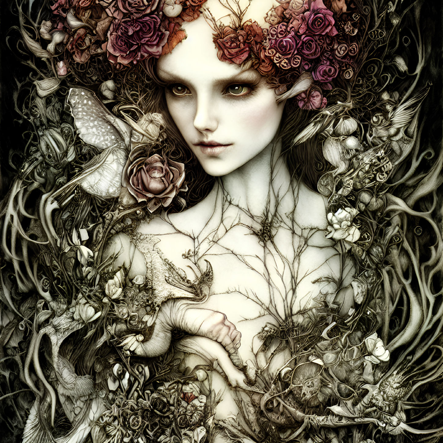 Detailed Fairytale Female Figure Surrounded by Roses and Thorns