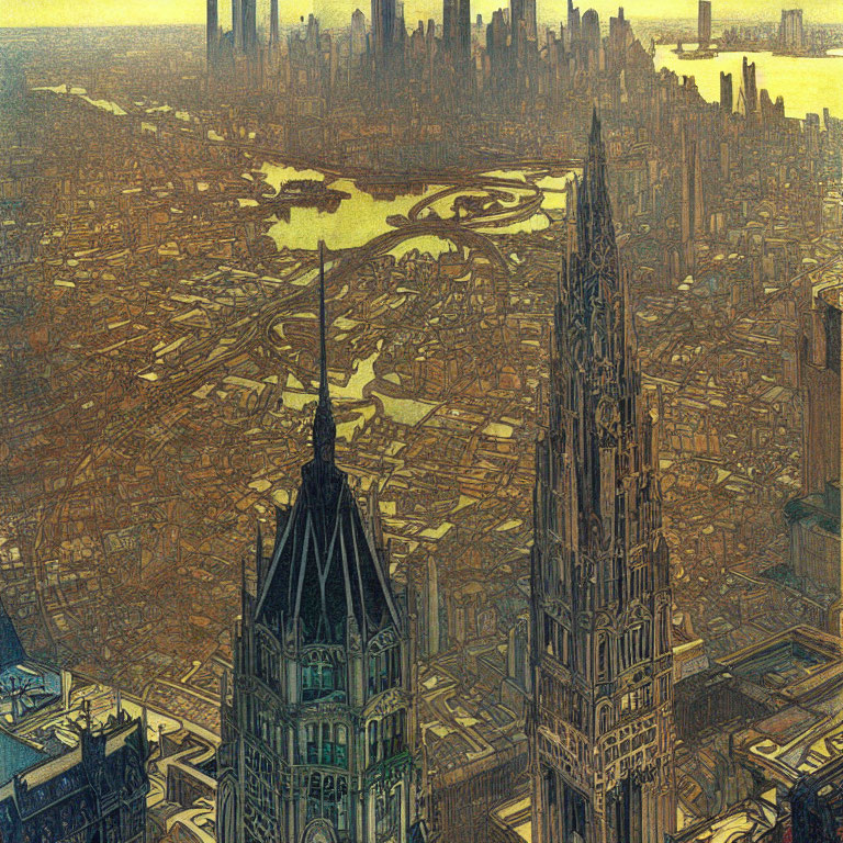 Densely packed cityscape with gothic-style skyscrapers in sepia tones