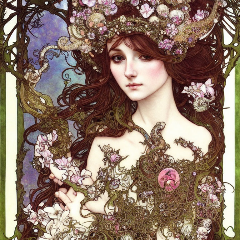 Detailed Art Nouveau Woman Illustration with Floral Crown & Ornate Dress