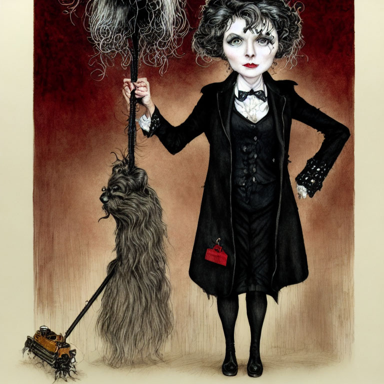 Quirky woman with wild gray hair, mop, leash, bushy dog, toy bulldo