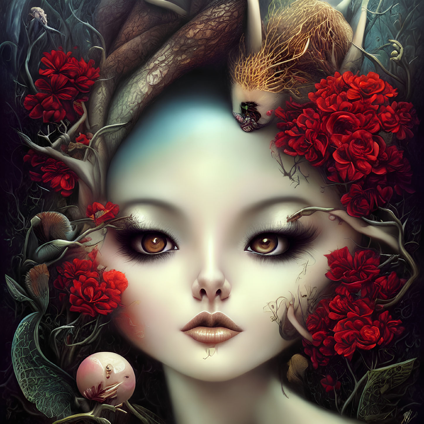 Surreal female figure with large eyes among red flowers, branches, and skull