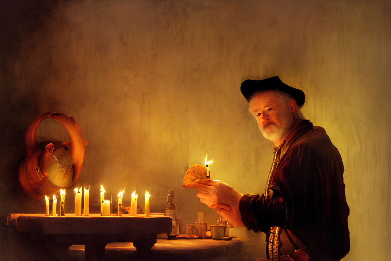 Elderly man in historical attire with candle, bread, and jug