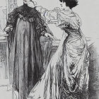 Vintage Illustration: Man in Long Coat Talking to Woman in Dress and Hat indoors