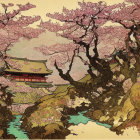 Asian landscape with cherry blossoms, red pagoda, rocky terrain, and stream boat