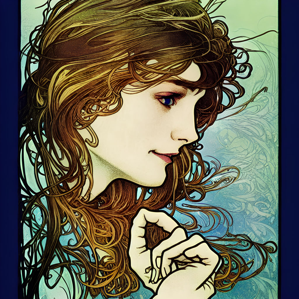 Stylized portrait of woman with flowing hair on blue background