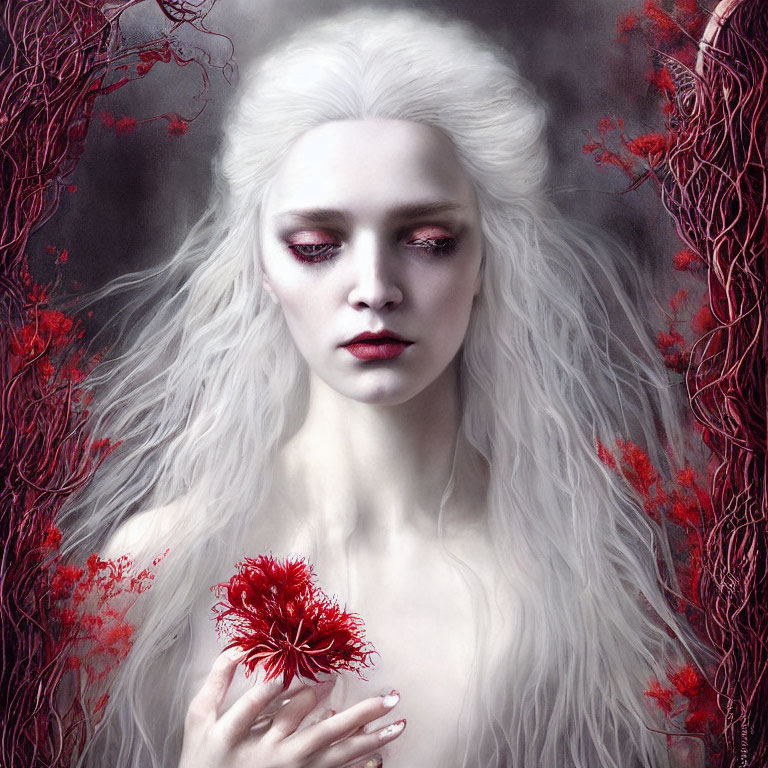 Pale woman with white hair and red eyes holding a red flower in misty red tendrils on dark