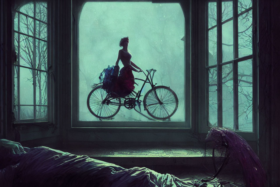 Person on Bicycle Floating Outside Large Window in Dimly Lit Room