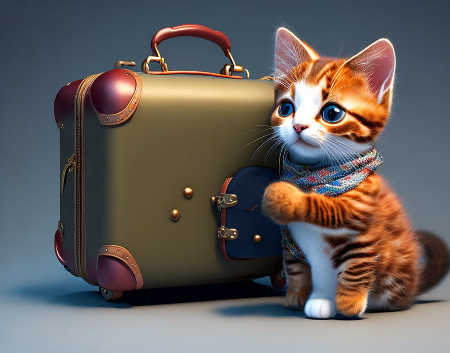 Brown-and-White Striped Kitten with Blue Scarf Beside Suitcase